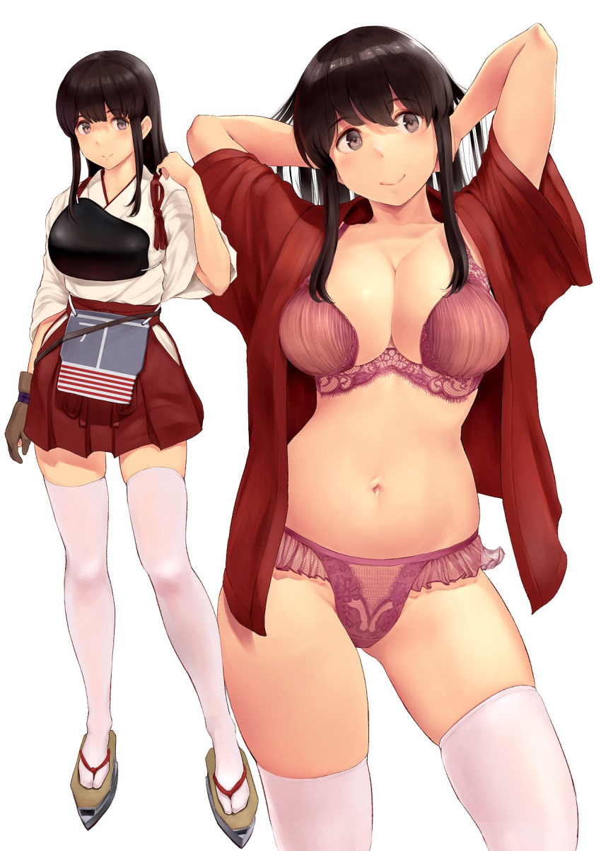 1girl akagi_(kancolle) alternate_costume arms_up bangs blush bra breasts brown_eyes brown_hair cleavage closed_mouth collarbone flight_deck full_body geta gloves grey_footwear hakama hakama_short_skirt hakama_skirt hand_on_own_chin highres japanese_clothes kantai_collection large_breasts long_hair looking_at_viewer looking_to_the_side multiple_views muneate navel open_clothes open_shirt panties partially_fingerless_gloves pink_bra pink_panties red_hakama red_shirt shirt short_sleeves simple_background single_glove skirt smile solo stomach straight_hair tabi tasuki thighhighs thighs underwear wa_(genryusui) white_background white_thighhighs yugake zouri