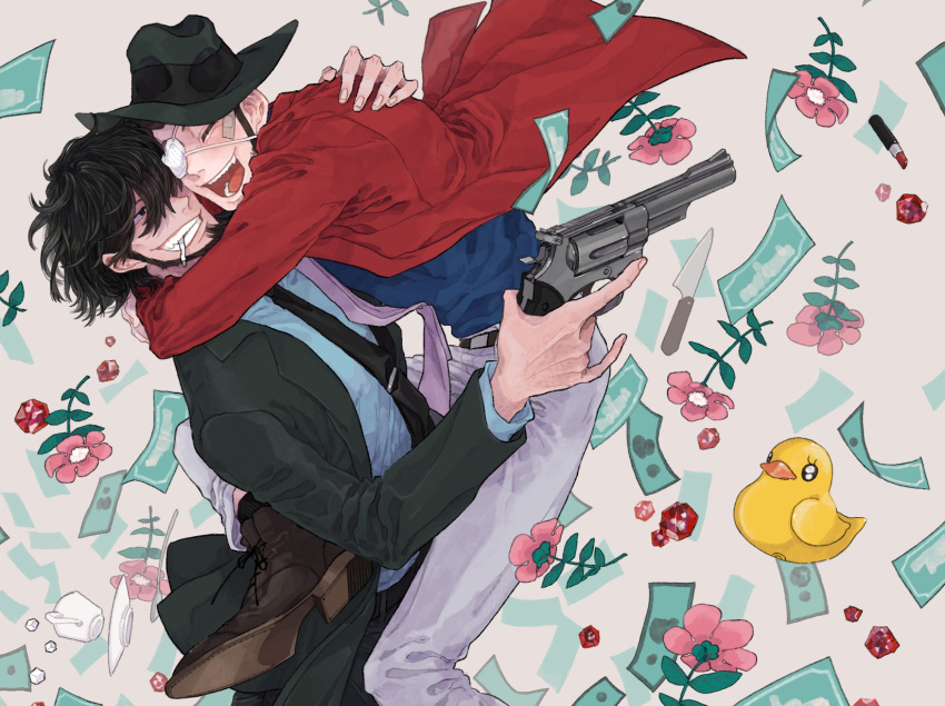 2boys arsene_lupin_iii beard black_hair brown_hair cigarette clenched_teeth eyepatch facial_hair formal gun hat highres hug jigen_daisuke knife lupin_iii male_focus money multiple_boys no_headwear open_mouth revolver rubber_duck short_hair sideburns smile suit teeth urourooooo weapon