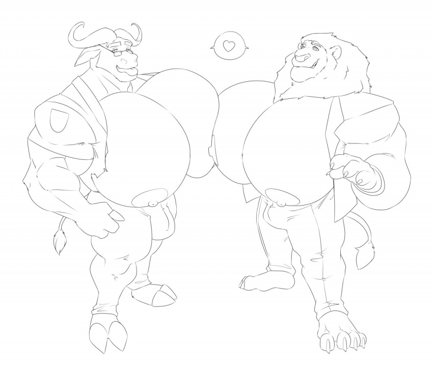 &lt;3 2022 2_horns 2_toes 3_fingers 4_fingers 4_toes anthro bovid bovine breasts bulge cape_buffalo chief_bogo claws clothing curled_horn disney duo eyebrows feet felid fingers hooves horn kartos leodore_lionheart lion male mammal mane monochrome muscular muscular_anthro muscular_male nipples pantherine smile standing tail_tuft thick_eyebrows toe_claws toes tongue tongue_out tuft zootopia