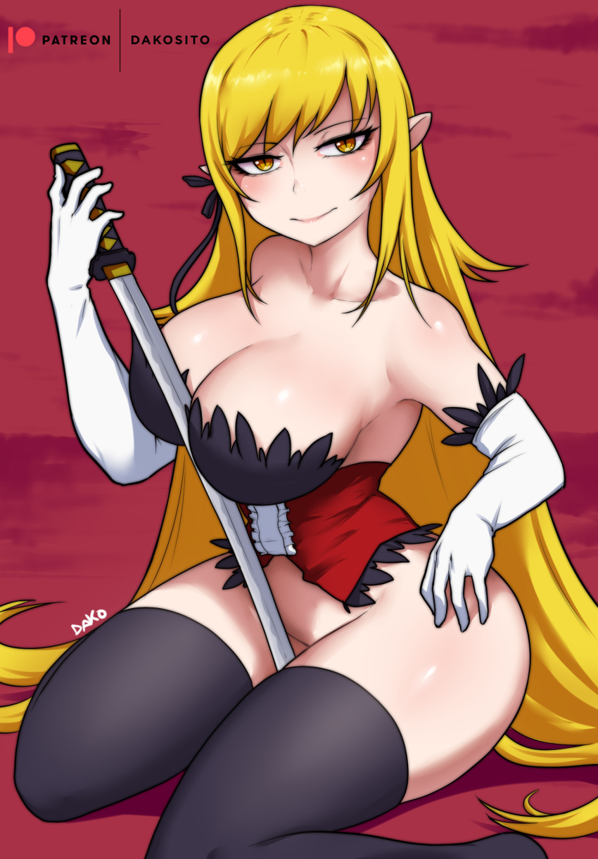 big_breasts blonde_hair bottomless breasts cleavage clothed clothing dako elf female hair hi_res holding_katana holding_object holding_sword holding_weapon humanoid legwear melee_weapon not_furry solo sword thigh_highs weapon