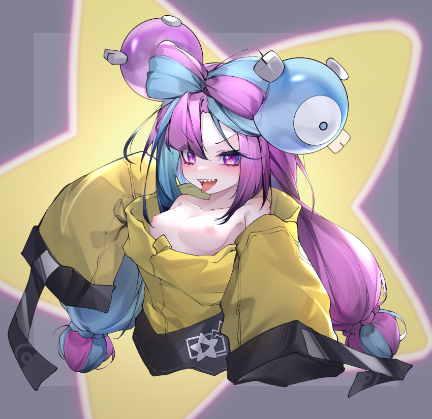 1girl absurdres bow-shaped_hair breasts character_hair_ornament commentary_request hair_ornament highres iono_(pokemon) jacket long_hair low-tied_long_hair multicolored_hair oversized_clothes pokemon pokemon_(game) pokemon_sv qinshi-ji sharp_teeth sleeves_past_fingers sleeves_past_wrists small_breasts solo split-color_hair star_(symbol) star_in_eye symbol_in_eye teeth very_long_sleeves yellow_jacket