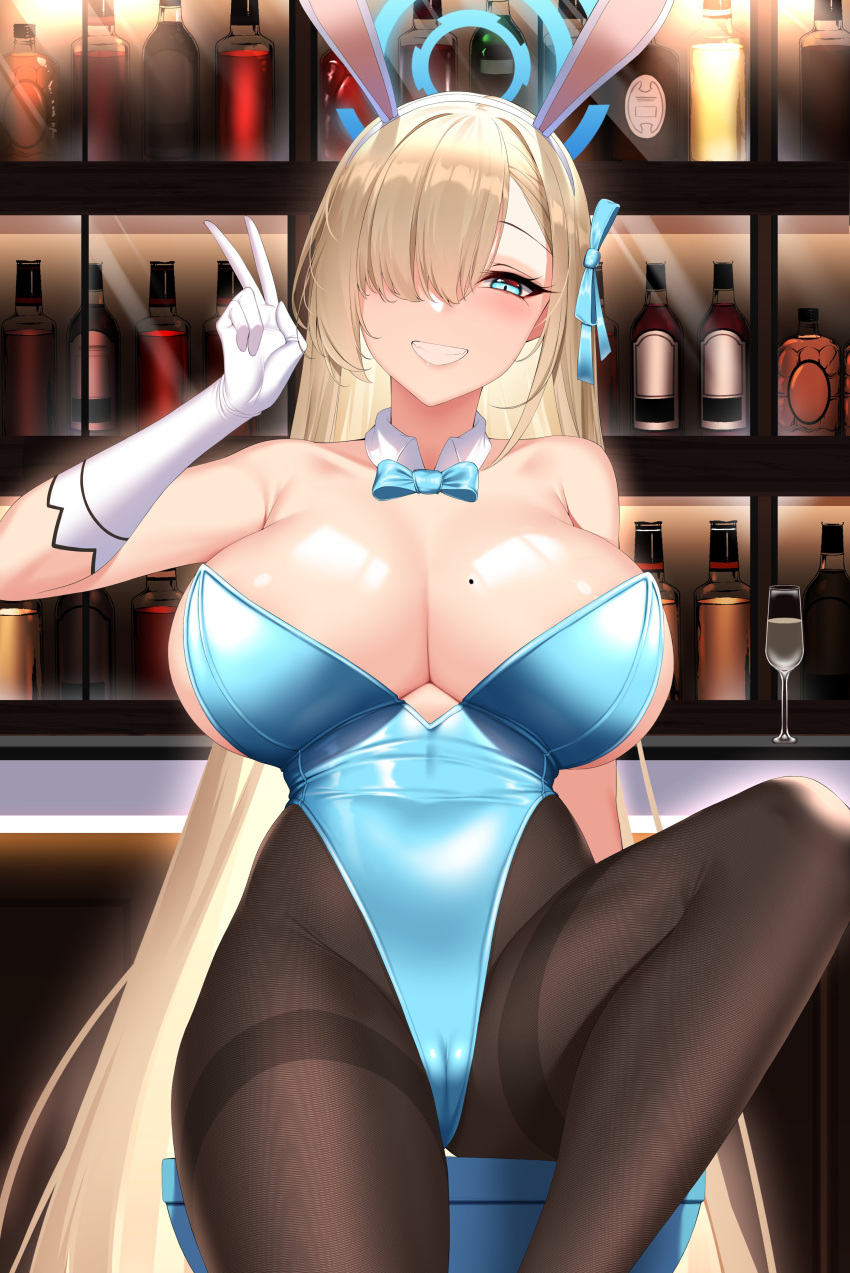 1girl absurdres alcohol areola_slip arm_support armpit_crease asuna_(blue_archive) bar_(place) bar_stool blonde_hair blue_archive blue_bow blue_bowtie blue_eyes blue_leotard blush bow bowtie breasts brown_pantyhose cameltoe champagne_flute chixiao clenched_teeth collar counter cup detached_collar drinking_glass eyelashes feet_out_of_frame fine_fabric_emphasis gloves hair_over_one_eye hair_ribbon hairband halo hand_up highres huge_breasts large_areolae leaning_back legs leotard liquor long_hair looking_at_viewer mole mole_on_breast pantyhose playboy_bunny ribbon shiny shiny_hair shiny_skin sidelocks sitting skin_tight solo stool teeth thighs undersized_breast_cup v wedgie white_collar white_gloves