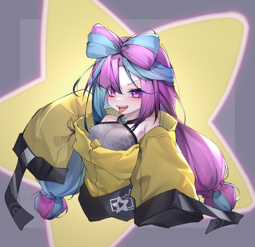 1girl absurdres bow-shaped_hair commentary_request hexagon_print highres iono_(pokemon) jacket long_hair low-tied_long_hair multicolored_hair oversized_clothes pokemon pokemon_(game) pokemon_sv qinshi-ji sharp_teeth sleeves_past_fingers sleeves_past_wrists solo split-color_hair star_(symbol) star_in_eye symbol_in_eye teeth very_long_sleeves x yellow_jacket