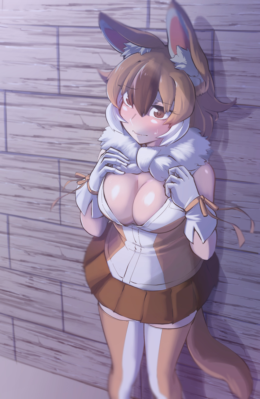 1girl animal_ears blush breasts cleavage dhole_(kemono_friends) dog_ears dog_girl dog_tail dress fur_collar gm_(ggommu) highres kemono_friends kemono_friends_3 large_breasts looking_at_viewer no_bra open_clothes open_shirt partially_unbuttoned pleated_skirt shirt skirt sleeveless sleeveless_dress solo tail thighhighs unbuttoned