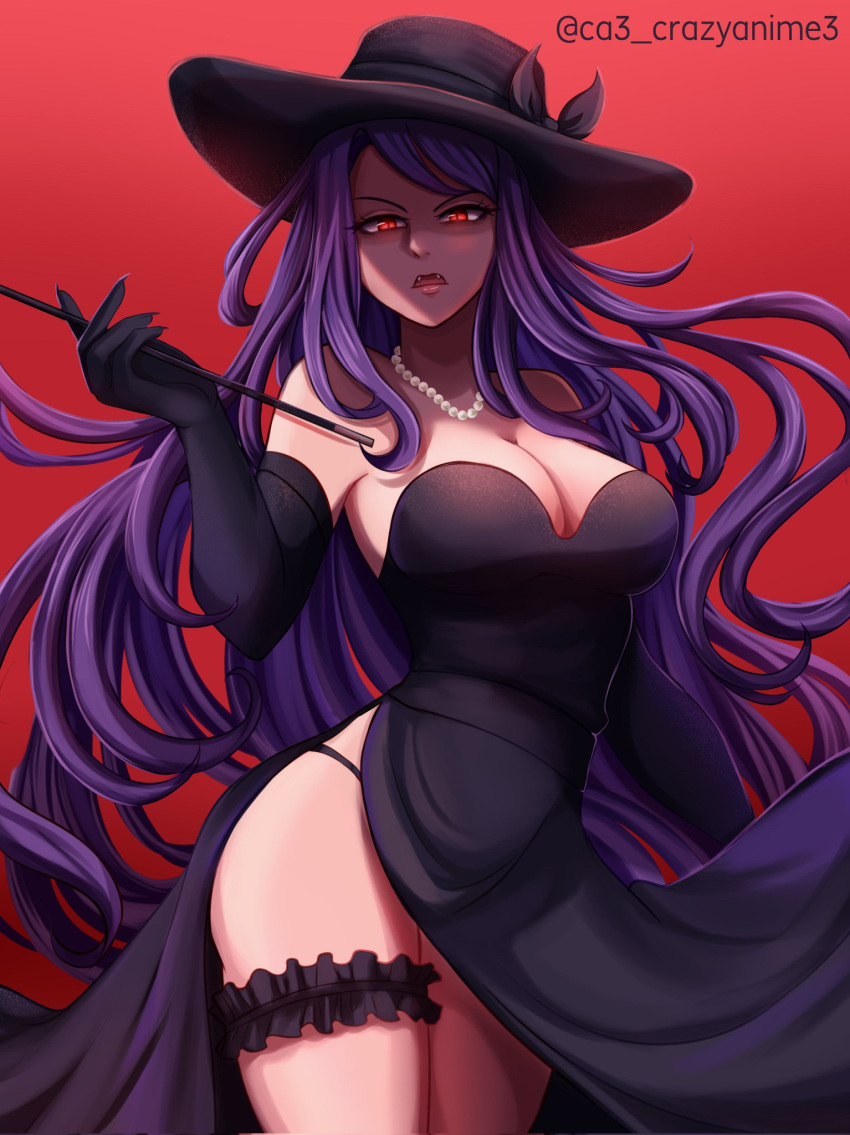 1girl alcina_dimitrescu alcina_dimitrescu_(cosplay) artist_name black_dress black_gloves black_headwear breasts cleavage cosplay cowboy_shot crazyanime3 dress elbow_gloves english_commentary fangs frills gloves glowing glowing_eyes gradient gradient_background highres holding jewelry large_breasts long_hair looking_at_viewer necklace open_mouth original pearl_necklace purple_hair red_background red_eyes resident_evil resident_evil_village simple_background slit_pupils solo thigh_strap