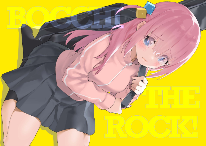 1girl absurdres bangs black_socks blue_eyes blush bocchi_the_rock! copyright_name cube_hair_ornament gotou_hitori grey_skirt guest_art guitar_case hair_between_eyes hair_ornament highres instrument_case jacket kneeling kuroda_bb long_hair looking_at_viewer official_art one_side_up pink_hair pink_jacket pleated_skirt simple_background skirt socks solo track_jacket yellow_background