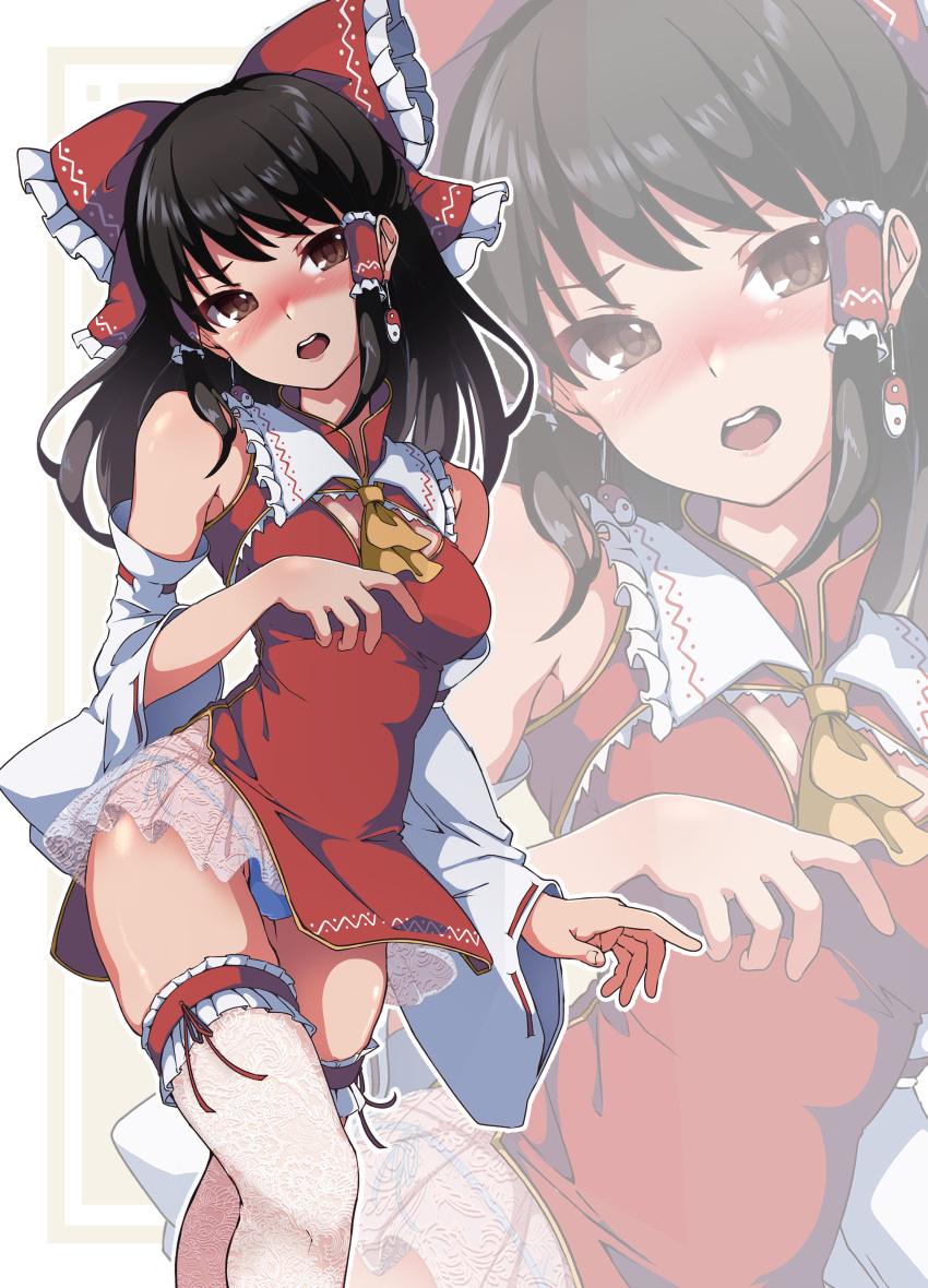 1girl absurdres adapted_costume ascot bare_shoulders black_hair blue_panties blush bow brown_eyes china_dress chinese_clothes detached_sleeves dress feet_out_of_frame gokuu_(acoloredpencil) hair_bow hair_tubes hakurei_reimu highres long_hair multiple_views open_mouth panties red_bow red_dress ribbon-trimmed_sleeves ribbon_trim sidelocks teeth thighhighs touhou underwear upper_teeth white_sleeves white_thighhighs wide_sleeves yellow_ascot zoom_layer