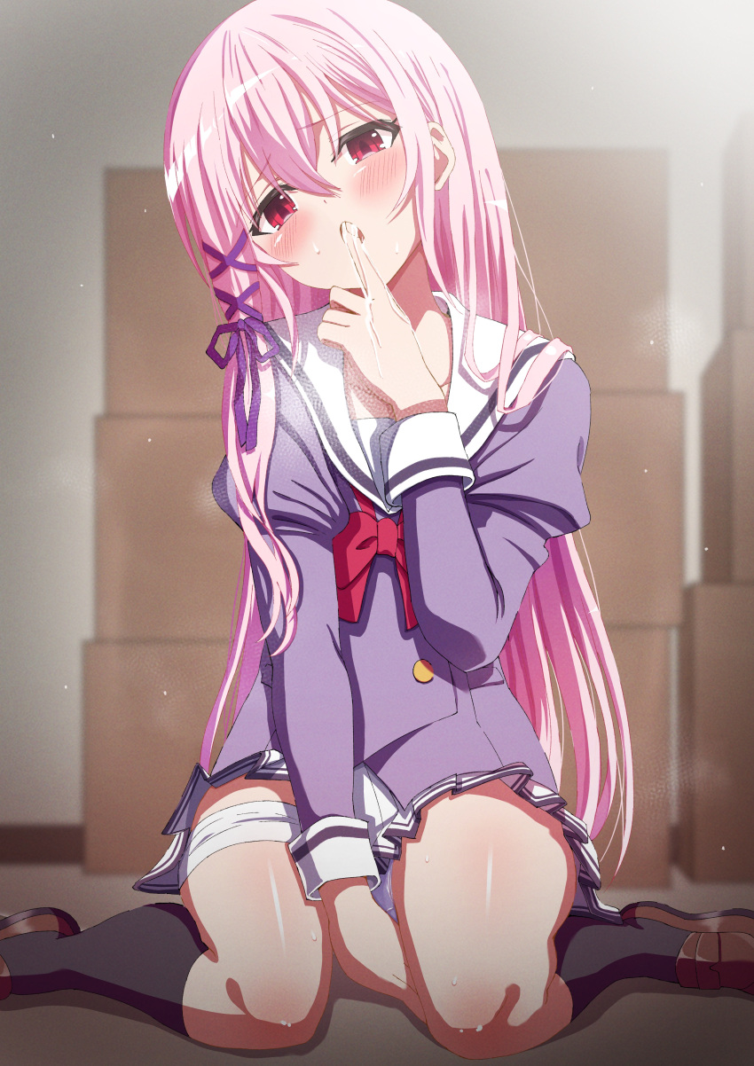 1girl absurdres artina bandaged_leg bandages bangs black_socks blush bow brown_footwear engage_kiss grey_jacket hair_between_eyes hair_ornament hair_ribbon highres indoors jacket kisara_(engage_kiss) long_hair looking_at_viewer open_mouth panties pink_hair pleated_skirt purple_serafuku red_bow red_eyes ribbon sailor_collar school_uniform serafuku sitting skirt socks steam suggestive_fluid underwear wariza white_sailor_collar white_skirt x_hair_ornament