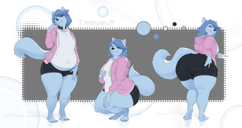 anthro bedroom_eyes big_butt blep blue_body blue_fur blue_hair boardwalkfogg bottomwear butt canid canine canis chubby_anthro chubby_male clothed clothing collar domestic_dog fur girly hair half-closed_eyes hi_res hoodie hotpants huge_butt long_hair looking_at_viewer looking_back male mammal model_sheet narrowed_eyes one_eye_closed open_clothing open_hoodie open_topwear seductive shirt shorts slightly_chubby smile smirk smug smug_face smug_grin solo t-shirt thick_thighs timbywuff tongue tongue_out topwear wide_hips wink