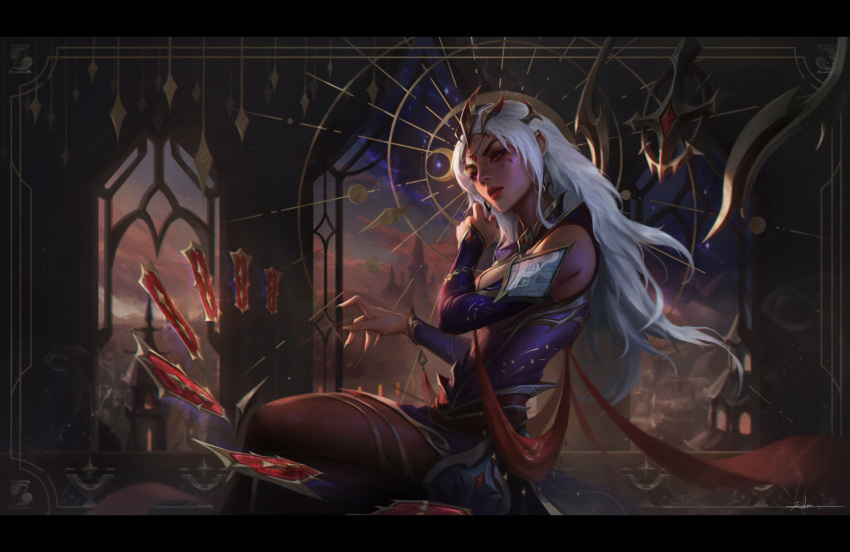 1girl absurdres bangs bare_shoulders breasts brown_pantyhose building card dark-skinned_female dark_skin detached_sleeves dress english_commentary from_side gem grey_hair hair_ornament highres indoors karma_(league_of_legends) large_breasts league_of_legends letterboxed long_hair lor_baa pantyhose parted_lips playing_card shiny shiny_hair shiny_skin