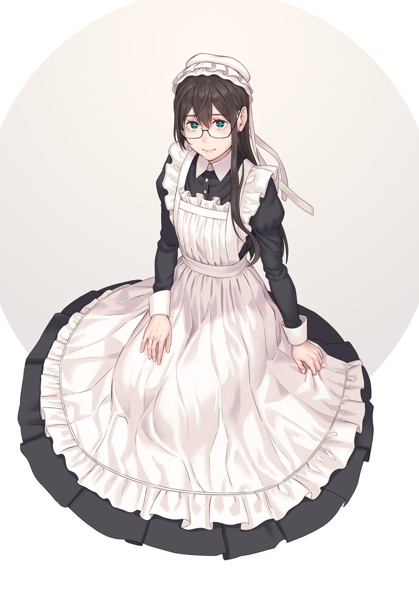 1girl alternate_costume apron black_dress black_hair collared_shirt commentary_request commission dress enmaided frilled_apron frills glasses green_eyes hat highres kantai_collection long_hair long_sleeves maid mob_cap ooyodo_(kancolle) semi-rimless_eyewear shirt solo under-rim_eyewear white_apron yuuji_(and)