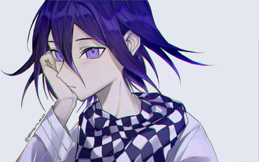 1boy absurdres bangs checkered_clothes checkered_scarf closed_mouth danganronpa_(series) danganronpa_v3:_killing_harmony grey_background grey_jacket hair_between_eyes hand_on_own_cheek hand_on_own_face highres jacket male_focus ouma_kokichi pink_eyes portrait purple_hair scarf shiny shiny_hair short_hair simple_background solo very_fruity