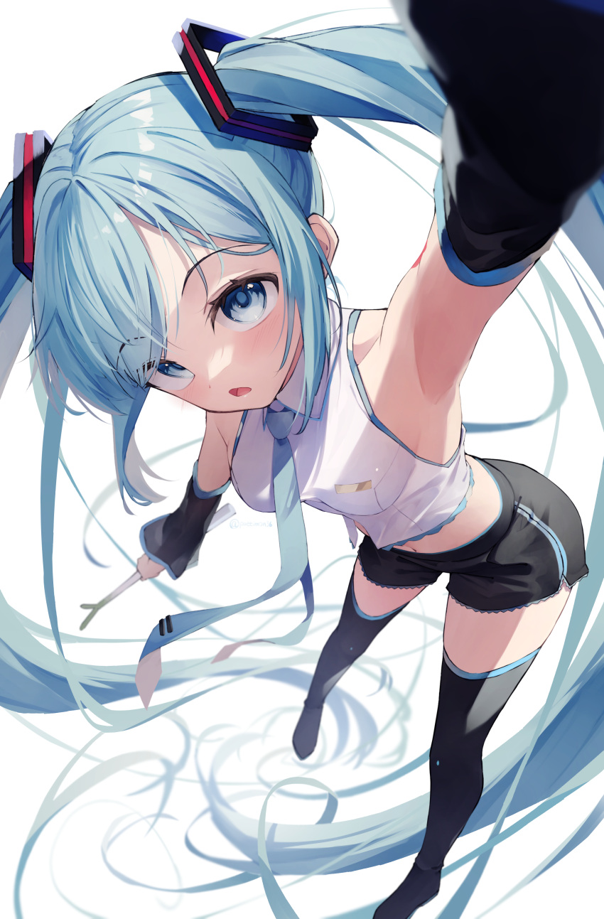 1girl absurdly_long_hair absurdres adapted_costume aqua_eyes aqua_hair aqua_necktie arm_tattoo arm_up armpits bangs bare_shoulders black_footwear black_shorts black_sleeves black_thighhighs boots breasts collared_shirt crop_top detached_sleeves food full_body hatsune_miku highres holding holding_food holding_spring_onion holding_vegetable invisible_floor lace-trimmed_shorts lace_trim leaning_to_the_side long_hair long_sleeves medium_breasts midriff navel necktie open_mouth outstretched_arm perspective selfie shirt short_shorts shorts shun'ya_(daisharin36) sidelocks simple_background sleeveless sleeveless_shirt solo spring_onion swept_bangs tattoo thigh_boots thighhighs twintails vegetable very_long_hair vocaloid white_background white_shirt zettai_ryouiki