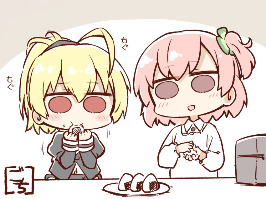 2girls :d :t ahoge andou_tazusa apron artist_name assault_lily bangs black_ribbon blonde_hair blush brown_background chibi closed_mouth clover collared_shirt commentary_request cooking cropped_jacket eating food food_on_face four-leaf_clover gochisousama_(tanin050) hair_between_eyes hair_ribbon hands_up high_ponytail hitotsuyanagi_riri holding holding_food juliet_sleeves kappougi long_sleeves looking_at_viewer motion_lines multiple_girls one_side_up onigiri parted_lips pink_eyes pink_hair plate ponytail puffy_sleeves red_eyes ribbon rice rice_on_face school_uniform shirt short_hair smile solid_circle_eyes table translated two-tone_background upper_body white_apron white_background white_shirt yurigaoka_girls_academy_school_uniform