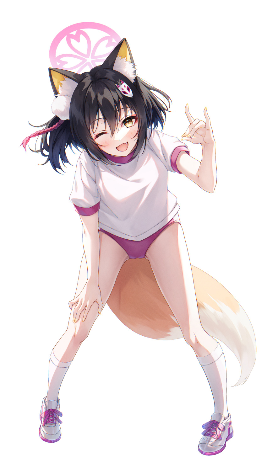 1girl ;d absurdres alternate_costume animal_ear_fluff animal_ears bangs black_hair blue_archive blush buruma fang fox_ears fox_hair_ornament fox_shadow_puppet fox_tail full_body gym_uniform hair_between_eyes halo hand_on_own_thigh hasumi_(hasubatake39) highres izuna_(blue_archive) kneehighs leaning_forward looking_at_viewer one_eye_closed pink_buruma shirt shoes short_sleeves simple_background smile socks solo tail white_background white_shirt white_socks yellow_eyes yellow_nails