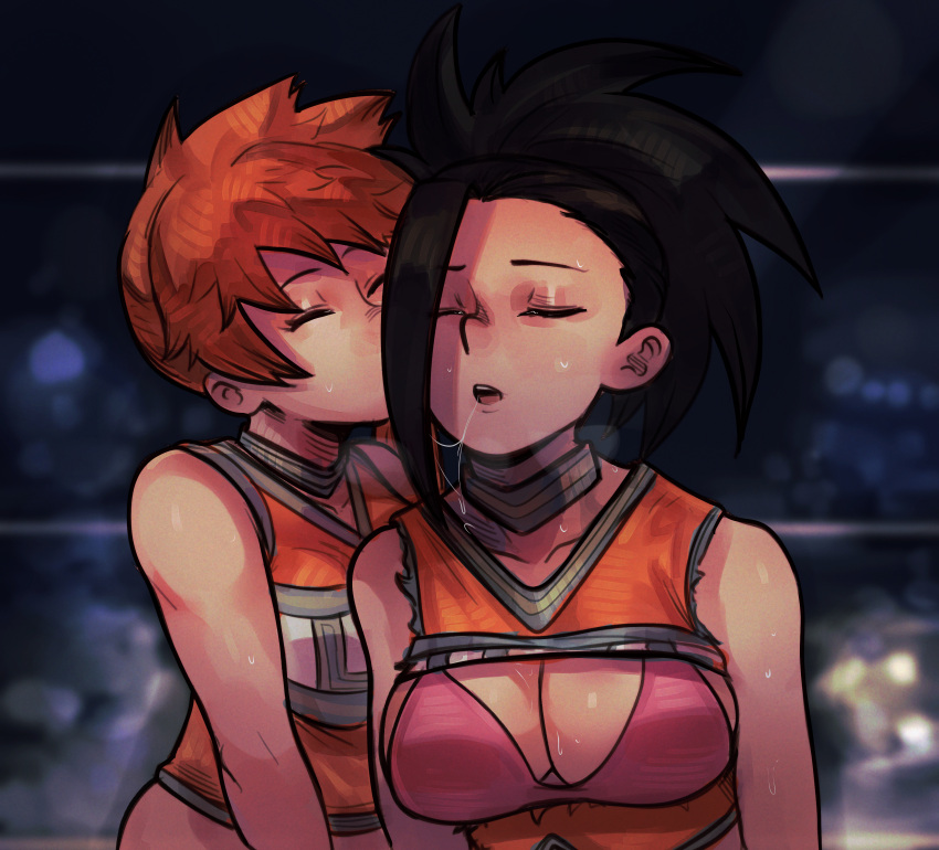 2girls :o absurdres bangs bare_shoulders black_hair blurry blurry_background boku_no_hero_academia bra breasts cleavage collarbone fluffydango highres kendou_itsuka kiss kissing_cheek long_hair multiple_girls orange_hair orange_shirt pink_bra ponytail saliva shirt side_ponytail sweat teeth torn_clothes torn_shirt u.a._cheerleader_uniform underwear upper_body upper_teeth yaoyorozu_momo yuri