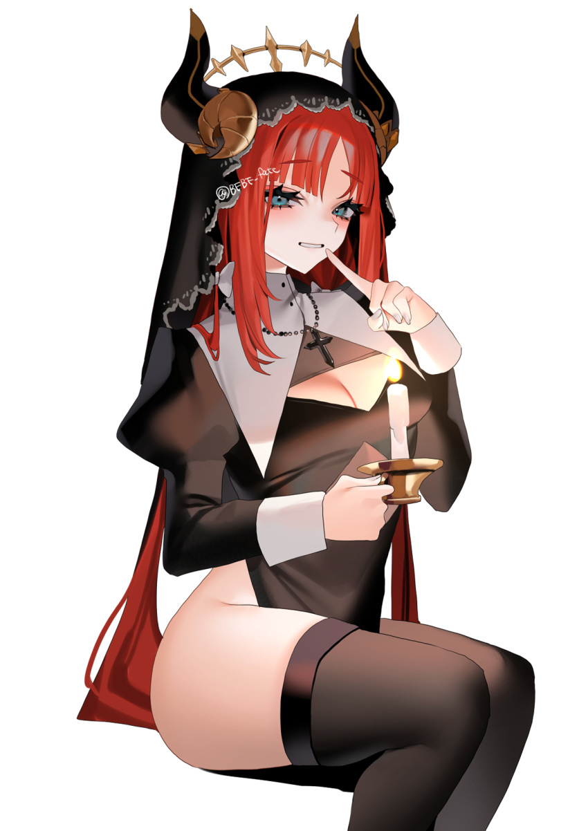 1girl alternate_costume bangs bebe_(bebe_pp) black_dress black_headwear black_thighhighs blue_eyes blush breast_curtains breasts candle candlestand cleavage cleavage_cutout clothing_cutout commentary_request cross cross_necklace dress fake_horns feet_out_of_frame finger_to_mouth full_body genshin_impact grin highres holding holding_candle horns index_finger_raised invisible_chair jewelry juliet_sleeves long_hair long_sleeves low_twintails medium_breasts necklace nilou_(genshin_impact) no_panties nun parted_bangs parted_lips puffy_sleeves red_hair shushing side_slit simple_background sitting smile thighhighs thighs twintails veil very_long_hair white_background wrist_cuffs