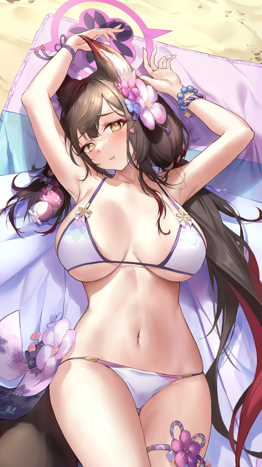 1girl absurdres animal_ears armpits arms_up beach_mat bead_bracelet beads bikini black_hair blue_archive bra bracelet breasts collarbone flower hair_flower hair_ornament halo highres jewelry large_breasts long_hair looking_at_viewer lying mechanical_halo navel pdxen smile solo stomach swimsuit thighlet underwear wakamo_(blue_archive) wakamo_(swimsuit)_(blue_archive) white_bikini white_bra yellow_eyes