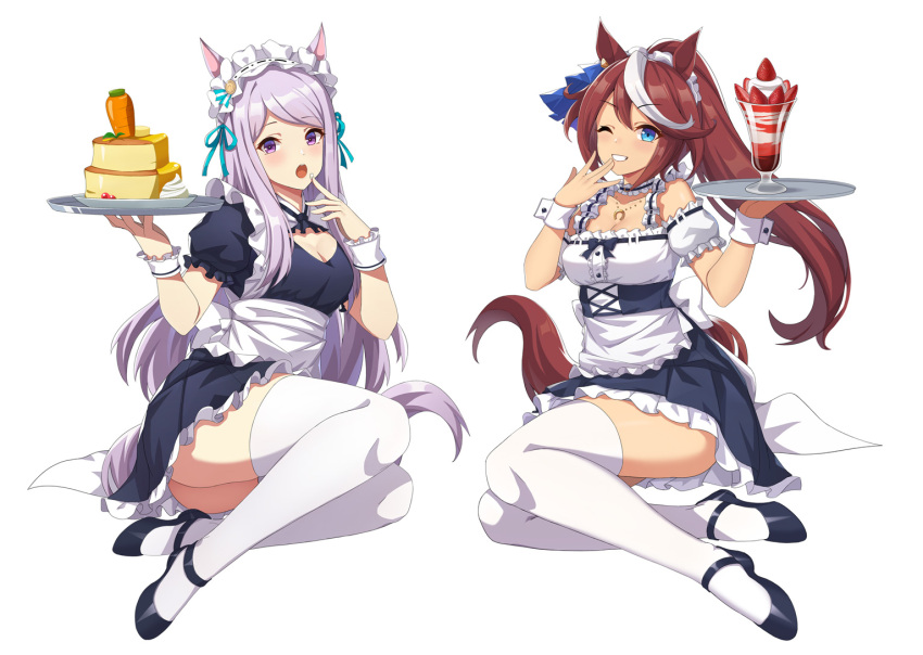 2girls :o ;d \||/ alternate_costume animal_ears apron aqua_ribbon bare_shoulders black_footwear blue_eyes breasts brown_hair carrot clenched_teeth commentary detached_collar detached_sleeves dot_nose dress ear_ornament enmaided food forehead frilled_apron frilled_dress frilled_sleeves frills fruit full_body grin hair_between_eyes hand_to_own_mouth holding holding_tray horse_ears horse_girl horse_tail horseshoe_ornament jewelry long_hair looking_at_viewer maid mary_janes medium_breasts mejiro_mcqueen_(umamusume) multicolored_hair multiple_girls necklace one_eye_closed open_mouth parfait ponytail purple_eyes purple_hair ribbon shadow shoes simple_background smile solo strawberry strawberry_shortcake tail teeth thighhighs thighs tokai_teio_(umamusume) tray two-tone_hair umamusume v-shaped_eyebrows vococo white_background white_hair white_thighhighs wrist_cuffs