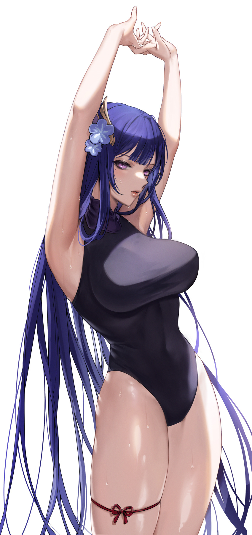 1girl absurdres alternate_costume alternate_hairstyle armpits arms_up bangs bare_arms bare_shoulders black_one-piece_swimsuit breasts clearpage commentary_request covered_navel cowboy_shot flower genshin_impact hair_flower hair_ornament highleg highleg_swimsuit highres impossible_clothes impossible_swimsuit interlocked_fingers large_breasts lips long_hair looking_to_the_side mole mole_under_eye one-piece_swimsuit own_hands_together parted_lips pink_eyes purple_flower purple_hair raiden_shogun sidelocks simple_background skindentation solo swimsuit taut_clothes taut_swimsuit thigh_strap thighs very_long_hair wet white_background