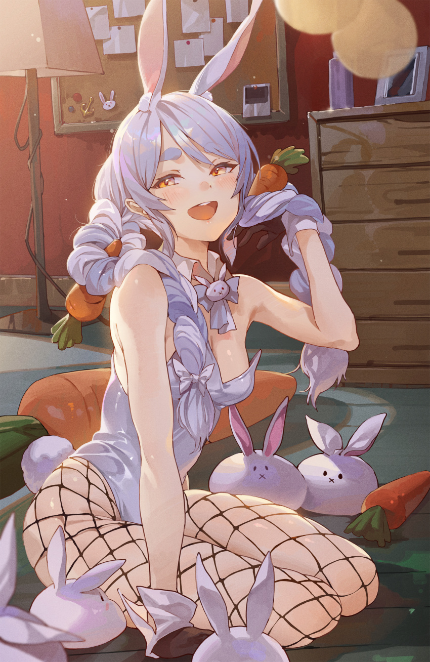 1girl :d absurdres alternate_costume animal_ears bangs bare_shoulders blue_hair blush braid breasts bulletin_board carrot carrot_hair_ornament creature detached_collar don-chan_(usada_pekora) drawer fishnets food-themed_hair_ornament hair_ornament highres holding holding_hair hololive hxxg indoors lamp leotard long_hair looking_at_viewer multicolored_hair note open_mouth orange_eyes rabbit_girl red_background shiny shiny_hair short_eyebrows sitting small_breasts smile solo sunlight swept_bangs teeth thick_eyebrows twin_braids twintails two-tone_hair upper_teeth usada_pekora virtual_youtuber wall white_hair white_leotard