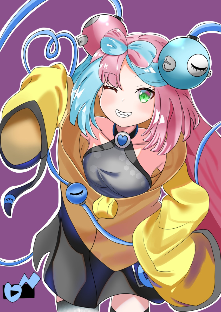 1girl 53872 absurdres alternate_costume cosplay grey_pantyhose highres iono_(pokemon) iono_(pokemon)_(cosplay) jacket komeiji_koishi long_hair low-tied_long_hair multicolored_hair oversized_clothes pantyhose pokemon pokemon_(game) pokemon_sv sharp_teeth sleeves_past_wrists solo split-color_hair teeth touhou very_long_sleeves yellow_jacket