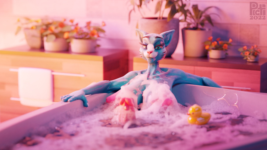 bare bath blue_body blue_eyes blue_fur cartoon_network domestic_cat felid feline felis foam fur genitals hi_res intersex mammal nicole_watterson nude penis picti plant pots rubber_duck serene solo tagme the_amazing_world_of_gumball towel water