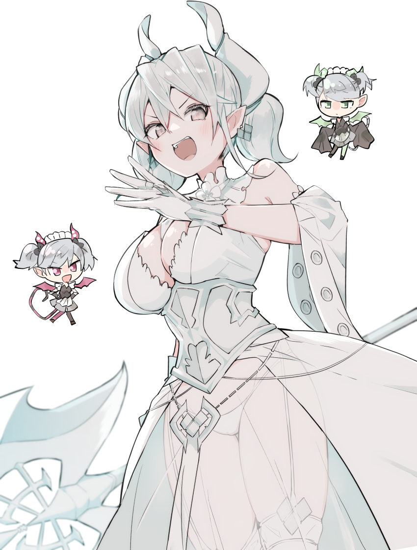 3girls absurdres arianna_the_labrynth_servant arianne_the_labrynth_servant breasts chibi cleavage demon_girl demon_horns demon_tail dress duel_monster earrings gloves green_eyes grey_eyes grey_hair hand_up highres holding holding_weapon horns jewelry large_breasts long_sleeves lovely_labrynth_of_the_silver_castle maid multiple_girls ojou-sama_pose ooyama_imo open_mouth pointy_ears purple_eyes tail thighhighs twintails weapon white_gloves wings yu-gi-oh!