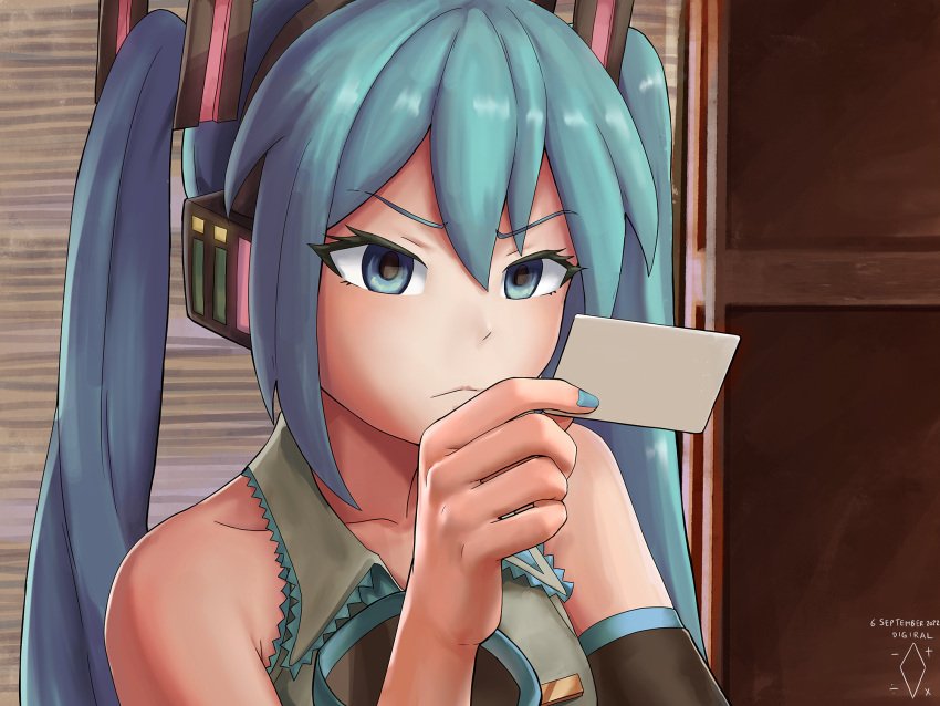 1girl :&lt; american_psycho bangs blinds blue_eyes blue_hair business_card collarbone collared_shirt dated detached_sleeves digiral frown hatsune_miku headphones highres holding indoors long_hair long_sleeves nail_polish parody shelf shirt sleeveless sleeveless_shirt solo squinting twintails v-shaped_eyebrows vocaloid