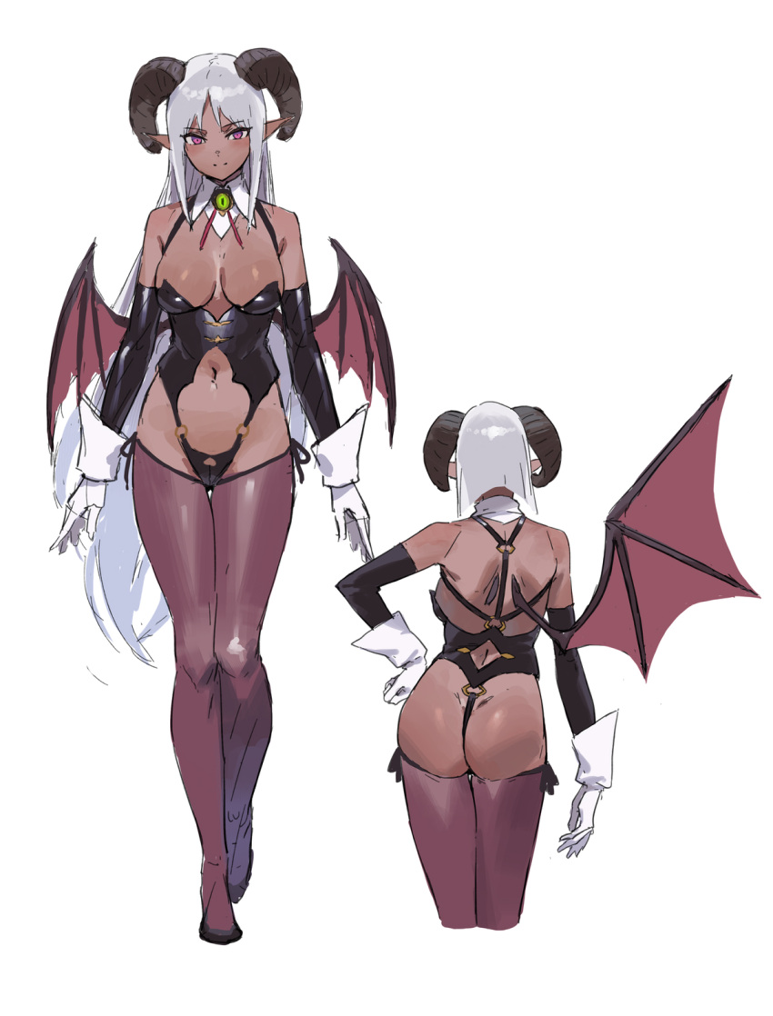 1girl ass bare_shoulders breasts contrapposto curled_horns dark_skin demon_wings elbow_gloves full_body gloves hand_on_hip highres horns kinta_(distortion) long_hair looking_at_viewer navel original pointy_ears purple_eyes shoulder_blades solo thighhighs walking wings