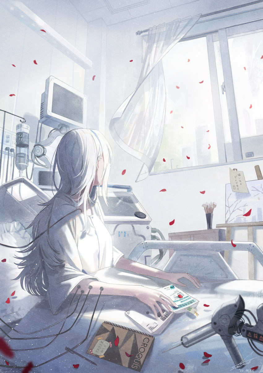 1girl bangs bed book bookmark easel facing_away falling_petals highres hospital hospital_bed hospital_gown indoors intravenous_drip iv_stand long_hair machinery monitor open_window original paintbrush painting_(object) pen petals pillow shi-ro sitting sketchbook solo sunlight translation_request under_covers white_hair white_theme wind window