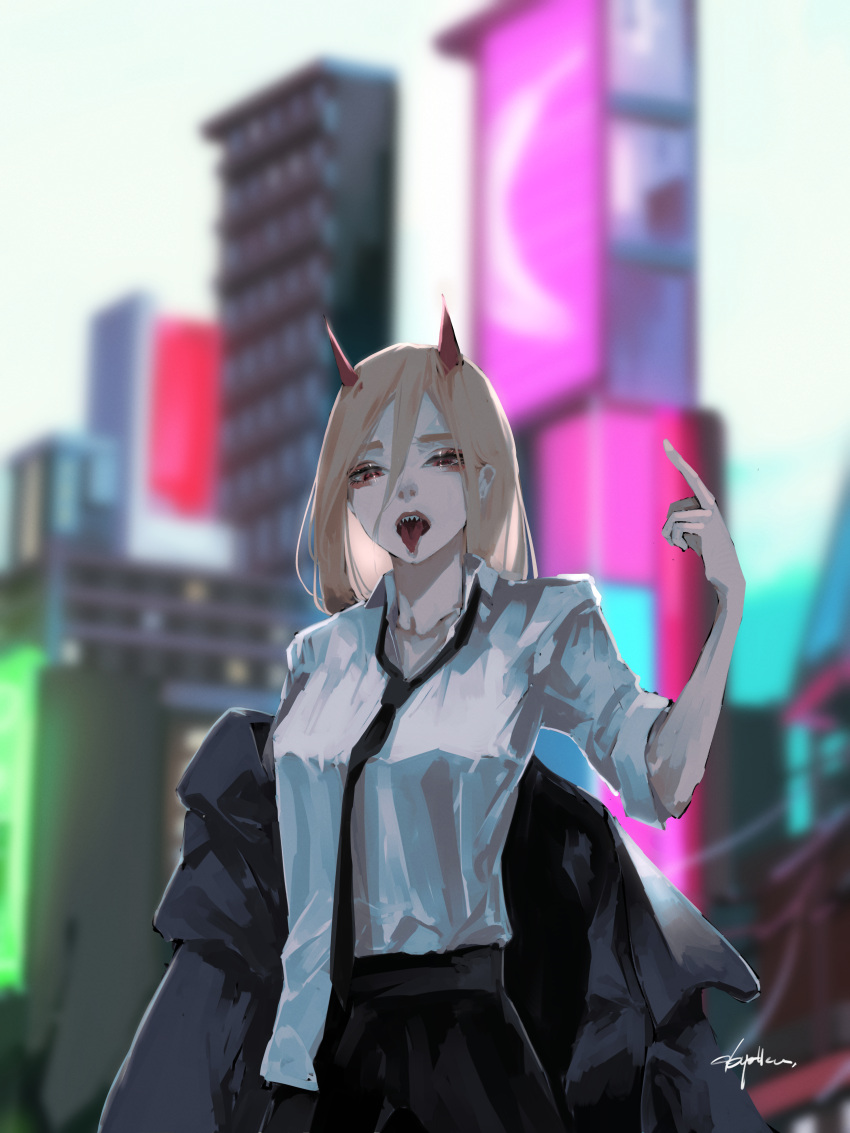 1girl 96yottea absurdres black_jacket black_necktie black_pants blonde_hair blurry blurry_background building chainsaw_man cityscape collared_shirt day highres horns jacket jacket_partially_removed long_hair looking_at_viewer middle_finger necktie pants power_(chainsaw_man) red_horns sharp_teeth shirt shirt_half_tucked_in sleeves_rolled_up solo teeth tongue tongue_out white_shirt white_sky