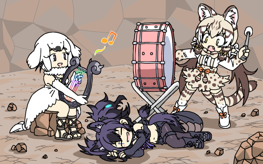 3girls animal_ears black_hair boots bow bowtie brown_eyes brown_hair cat_ears cat_girl cat_tail cerberus_(kemono_friends) chibi closed_eyes dress drum elbow_gloves extra_ears fangs fingerless_gloves full_body geoffroy's_cat_(kemono_friends) gloves harp harp_seal_(kemono_friends) holding holding_instrument instrument kemono_friends legs_apart long_hair looking_at_another lying medium_hair midriff miniskirt multicolored_hair multiple_girls music musical_note navel on_ground on_side open_mouth pantyhose pantyhose_under_shorts playing_instrument purple_hair sandals scar scar_across_eye shirt shoes short_shorts shorts sidelocks sitting skirt sleeping smile srd_(srdsrd01) standing stomach strapless suspender_skirt suspenders tail thigh_strap thighhighs tube_top twintails two-tone_hair v-shaped_eyebrows very_long_hair white_hair yellow_eyes zettai_ryouiki