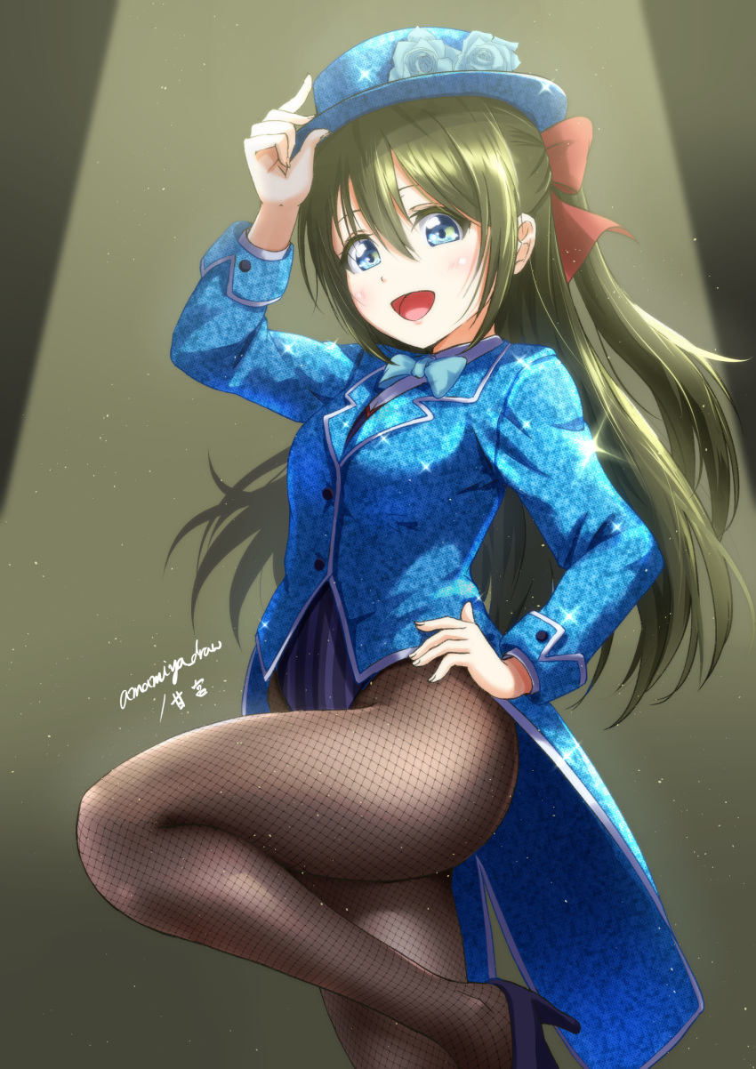 1girl :d amamiya_(re-amamiya) bangs blue_eyes blue_flower blue_footwear blue_headwear blue_jacket blue_leotard bow brown_hair fishnet_pantyhose fishnets flower hair_between_eyes hair_bow hand_on_hip hat hat_flower high_heels highres jacket leotard long_hair long_sleeves love_live! love_live!_nijigasaki_high_school_idol_club open_mouth ousaka_shizuku pantyhose pumps red_bow shiny shiny_hair smile solo standing standing_on_one_leg very_long_hair