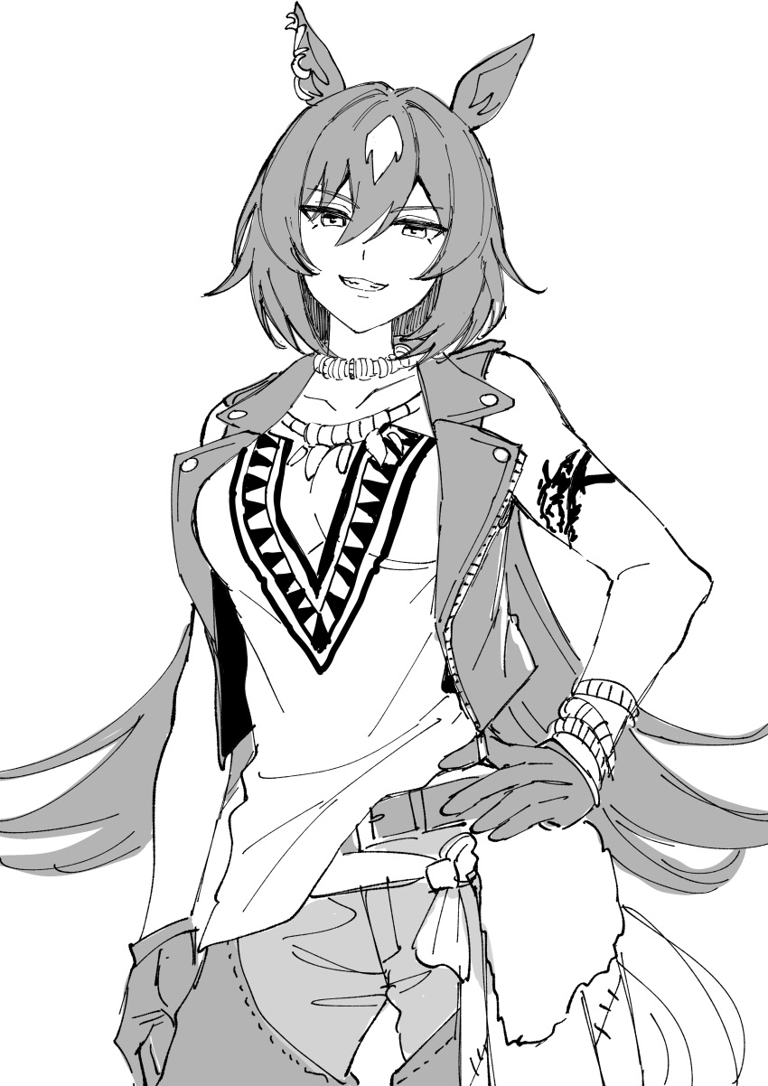 1girl absurdres alternate_costume animal_ears arm_at_side arm_tattoo bangs belt breasts collarbone gloves greyscale grin hand_on_hip highres horse_ears jacket jewelry long_hair looking_at_viewer monochrome nayuta_ggg necklace open_clothes open_jacket pants shirt sirius_symboli_(umamusume) sketch sleeveless sleeveless_jacket small_breasts smile solo tattoo tooth_necklace umamusume upper_body