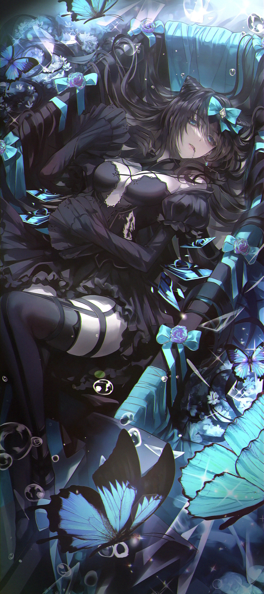 1girl absurdres aqua_bow arcaea bangs bare_shoulders black_dress black_gloves black_hair black_thighhighs blue_eyes bow bubble bug butterfly dress flower gloves hair_bow hair_ornament highres long_hair long_sleeves looking_at_viewer lying on_back parted_lips siyrgr solo tairitsu_(arcaea) thighhighs thighs