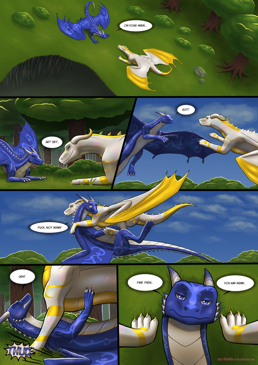 absurd_res comic dragon dravsky duo female feral ferilla forest hi_res male male/female markings plant playful playing scalie silvana spread_wings tree western_dragon wings
