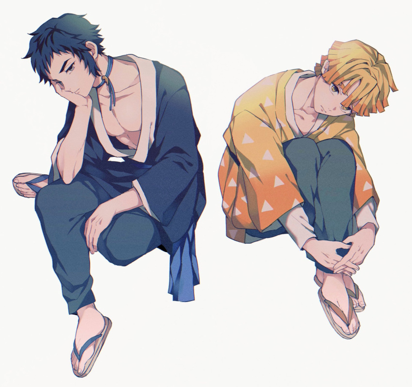 2boys agatsuma_zenitsu amata_(pixiv25705097) bangs black_kimono blonde_hair choker closed_mouth collarbone colored_tips crossed_ankles flip-flops frown full_body gradient_clothes grey_pants hand_on_own_cheek hand_on_own_face hand_on_own_leg hand_up head_rest head_tilt highres invisible_chair japanese_clothes jewelry kaigaku kimetsu_no_yaiba kimono knees_up long_sleeves looking_at_viewer magatama male_focus multicolored_hair multiple_boys orange_hair outstretched_arms own_hands_together pants pectorals pendant sandals sash short_hair simple_background sitting streaked_hair triangle_print white_background yellow_eyes yellow_kimono zouri