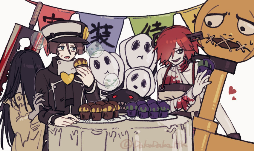 1boy 2girls a.b.a food ghost guilty_gear halloween highres key key_in_head ko_jira muffin multiple_girls paracelsus party red_hair s-ko stitched_mouth stitches zappa