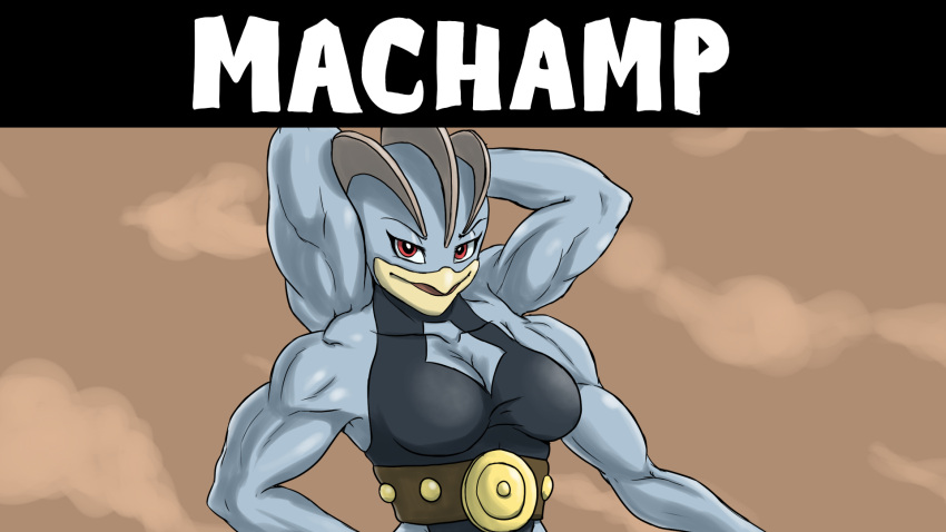 4_arms clothed clothing ergomancy female generation_1_pokemon grey_body grey_skin hi_res looking_at_viewer machamp multi_arm multi_limb nintendo pokemon pokemon_(species) red_eyes solo video_games wrestling_belt