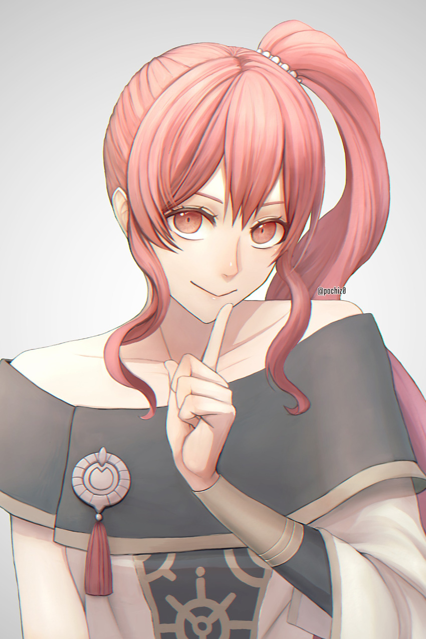 1girl anna_(fire_emblem) bangs bare_shoulders closed_mouth collarbone commentary fire_emblem fire_emblem:_three_houses grey_background hair_between_eyes highres index_finger_raised long_hair looking_at_viewer off_shoulder pochiz0 ponytail red_eyes red_hair sidelocks simple_background smile solo twitter_username very_long_hair