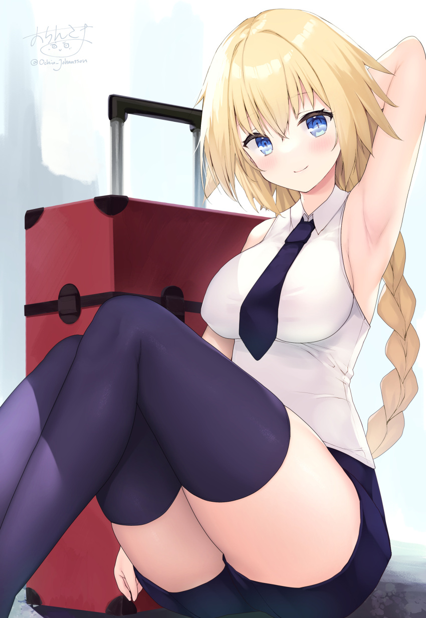 1girl absurdres arm_up armpits bangs blonde_hair blue_eyes blue_necktie blue_thighhighs blush braid breasts fate/apocrypha fate/grand_order fate_(series) highres jeanne_d'arc_(fate) large_breasts long_braid long_hair looking_at_viewer necktie ochinsama shirt short_shorts shorts simple_background sitting smile solo suitcase thighhighs white_background white_shirt