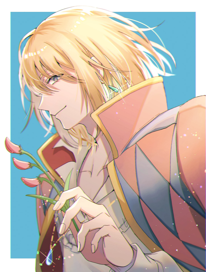 1boy absurdres bangs blonde_hair blue_background blue_eyes blurry border checkered_clothes checkered_jacket closed_mouth collarbone collared_shirt commentary depth_of_field earrings flower from_side glint high_collar highres howl_(howl_no_ugoku_shiro) howl_no_ugoku_shiro jacket jewelry looking_at_viewer male_focus medium_hair necklace open_clothes open_jacket outside_border pendant pink_flower pink_jacket profile shiny shiny_hair shirt smile solo upper_body white_border white_shirt yohane_(yohane007)