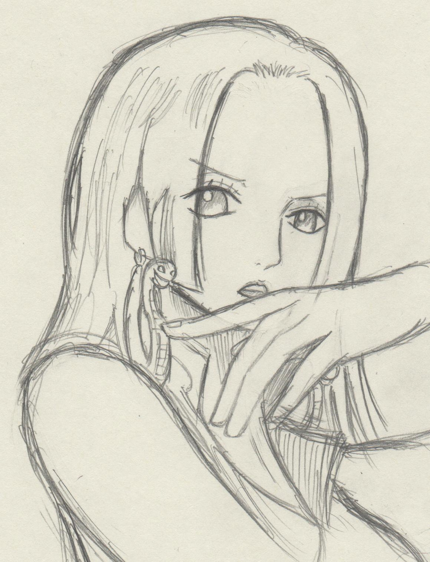 1girl boa_hancock china_dress chinese_clothes dress earrings female highres jewelry long_hair monochrome one_piece outline shichibukai sketch solo
