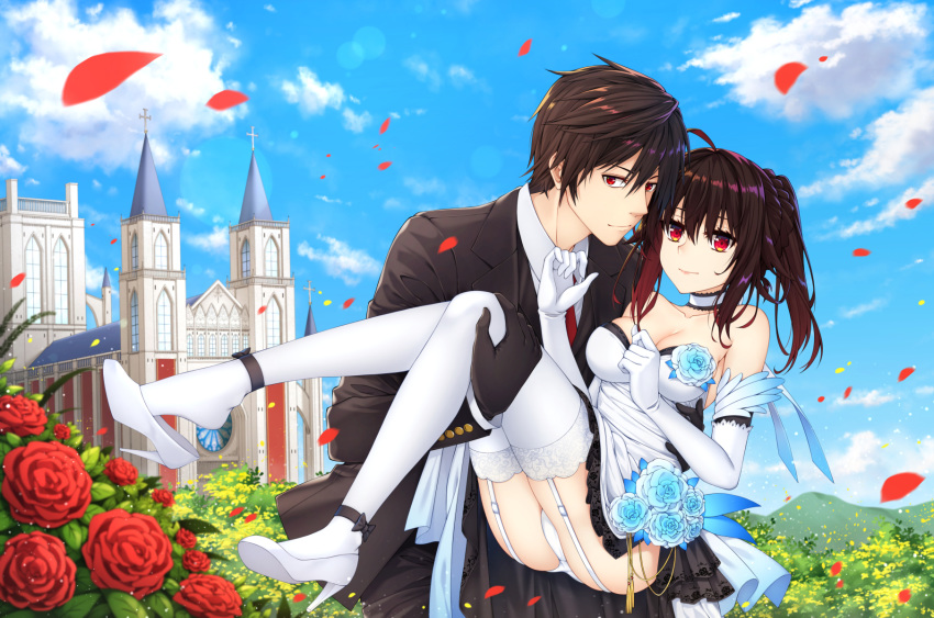 1boy 1girl bare_shoulders black_gloves blue_sky braid breasts bride brown_hair carrying church cleavage cloud collarbone commentary commission crown_braid day dress elbow_gloves english_commentary flower formal garter_straps gloves groom healther hetero high_heels highres looking_at_viewer medium_breasts original outdoors panties petals ponytail princess_carry red_eyes shoe_dangle sky smile strapless strapless_dress suit thighhighs underwear wedding wedding_dress white_footwear white_gloves white_legwear white_panties