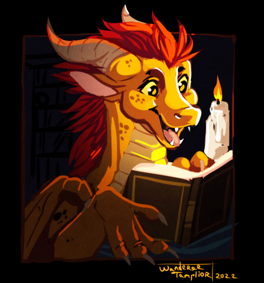 2022 absurd_res book bookshelf candle digital_media_(artwork) dragon fangs female feral fur furniture hi_res horn open_mouth portrait reading reading_book red_body red_fur scales scalie simple_background smile solo teeth wanderertamplior western_dragon wings_folded yellow_body yellow_eyes yellow_scales