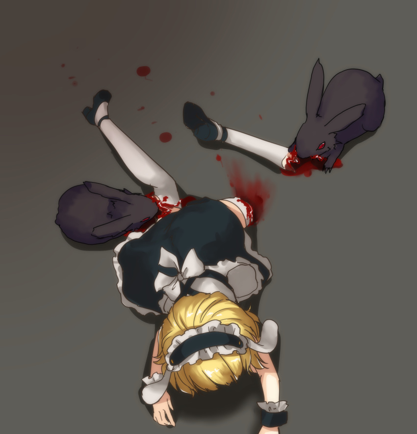 absurd_res ambiguous_gender black_body black_fur blonde_hair blood bodily_fluids cannibalism child clothing digital_media_(artwork) eating falling female feral footwear fur gore group hair hi_res human is_the_order_a_rabbit? kirima_syaro lagomorph legwear leporid maid_uniform mammal rabbit red_eyes shoes stockings trio uniform vore watarilab3 white_clothing white_legwear white_stockings young