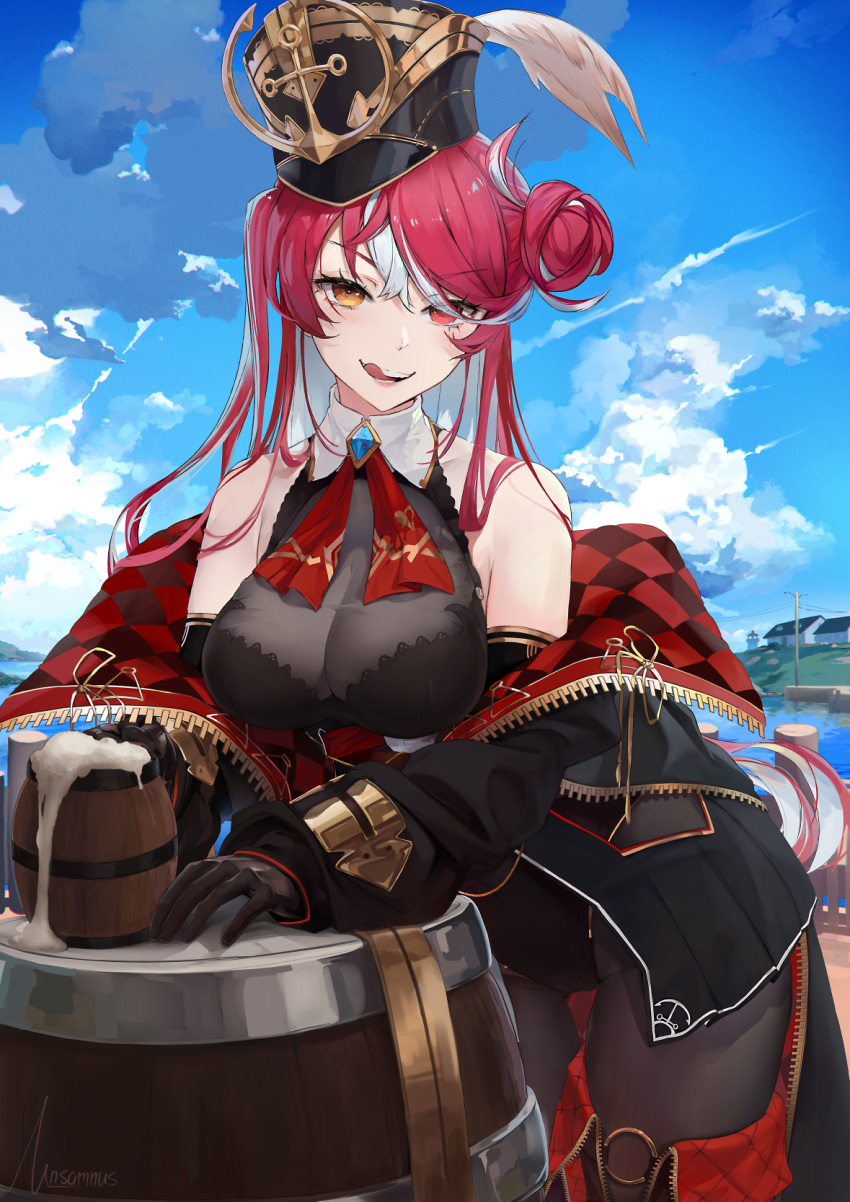 1girl alcohol barrel beer beer_mug black_gloves black_leotard blue_sky blush breasts cloud cloudy_sky cup gloves hair_between_eyes hair_bun hat hat_feather heterochromia highres hololive house houshou_marine jacket large_breasts leotard long_hair mug naughty_face open_clothes open_jacket pirate pirate_hat red_eyes red_hair ship sky smile smirk solo tongue tongue_out unsomnus virtual_youtuber water watercraft white_hair yellow_eyes
