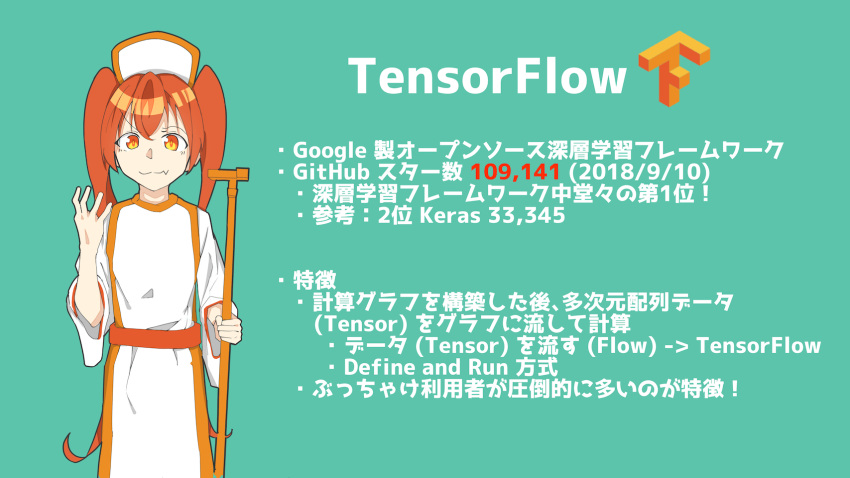 1girl bangs closed_mouth commentary_request cowboy_shot fang green_background hair_between_eyes hand_up hat highres holding holding_staff long_sleeves minux302 orange_belt orange_eyes orange_hair original personification priest programming_(topic) simple_background skin_fang solo staff standing straight-on tensorflow text_focus translation_request twintails