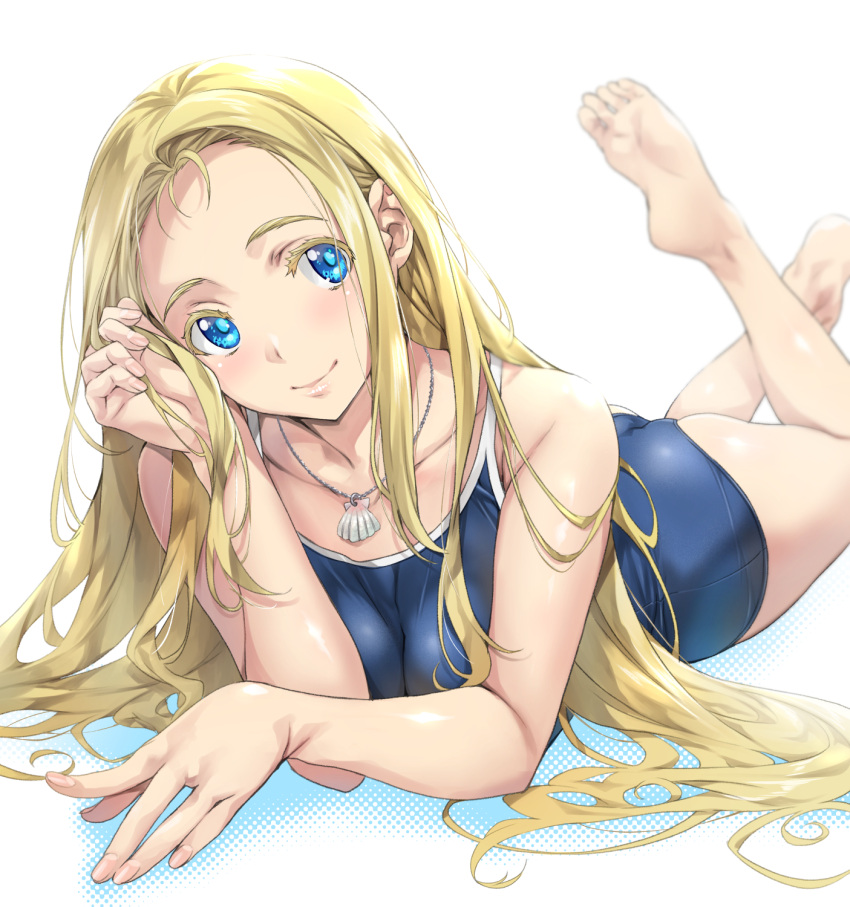 1girl adjusting_hair ass barefoot blonde_hair blue_eyes blue_one-piece_swimsuit blurry blush breasts cleavage collarbone competition_school_swimsuit depth_of_field highres jewelry kofune_ushio legs long_hair looking_at_viewer lying nagayori necklace on_stomach school_swimsuit shell_necklace smile summertime_render swimsuit the_pose thighs white_background